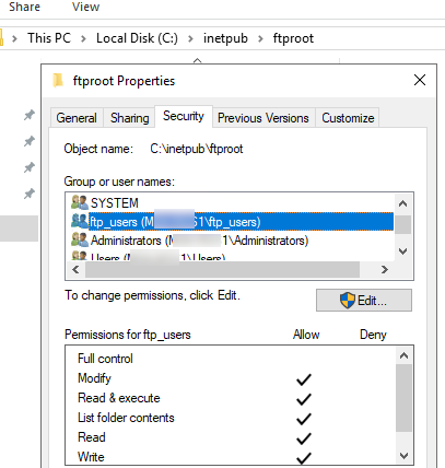 права доступа на FTP каталог в Windows