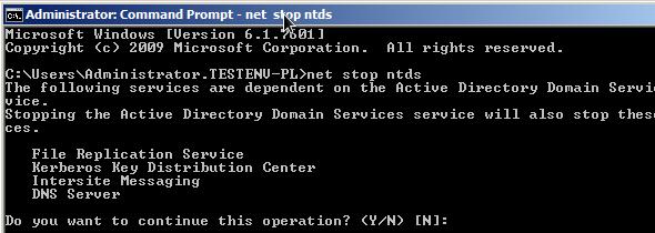 Остановить службы Active Directory в Windows Server 2008