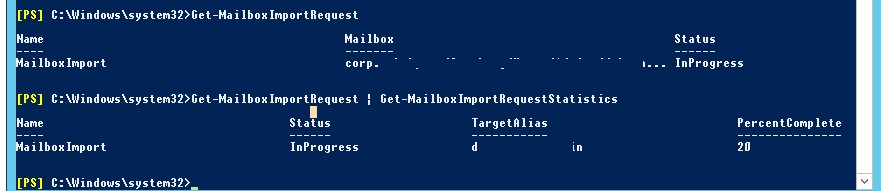 Get-MailboxImportRequestStatistics- статистика импорта pst архива в ящик пользователя