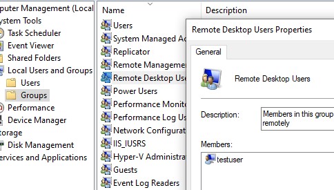 Добавить пользователя в локлаьную группу remote desktop users