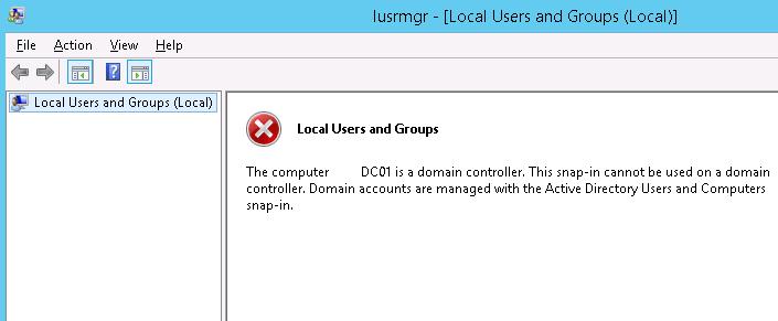Оснастка Local Users and Groups (<code>lusrmgr.msc</code>) на контроллере домена