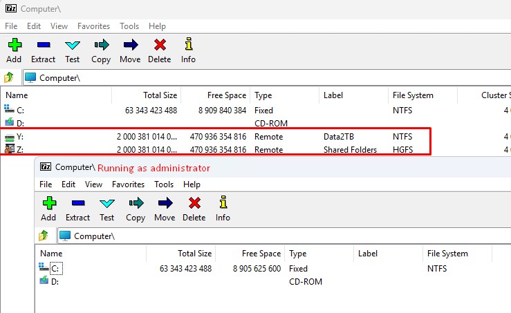 В программе 7zip с правами админа не отображаются сетевые диски, подключенные пользователю