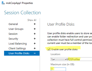 Включить User Profile Disks для коллекции RDS