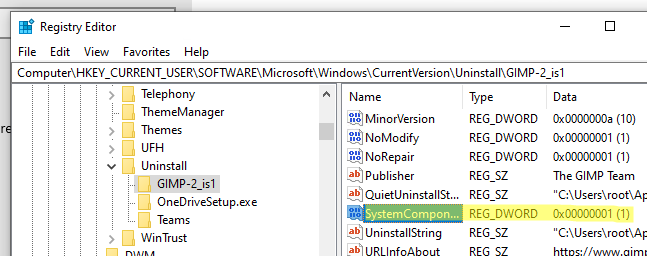 параметр реестра SystemComponent позволяет скрыть установленную программу windows