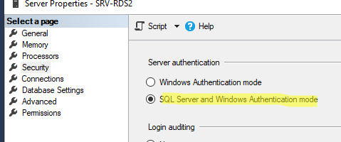 режим аутентфикации mssql: SQL Server and Windows Authentication mode