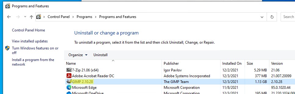 список установленных программ в панели управления Windows