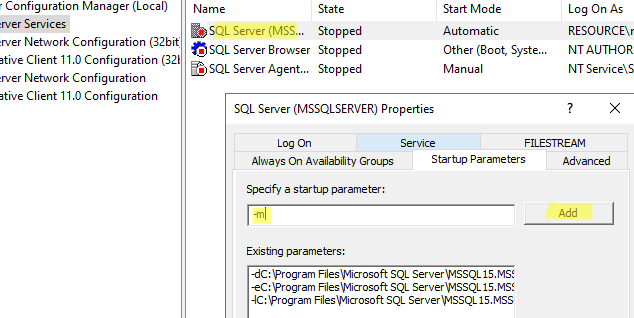 Startup Parameters в настройках SQL Server Configuration Manager