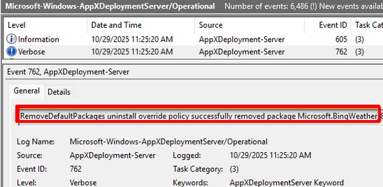 событие удаление предустановленного приложения в windows 11 event id 762