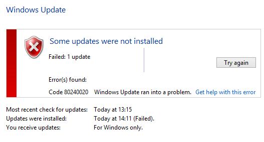 Ошибка обновления Windows 10 с кодом 80240020