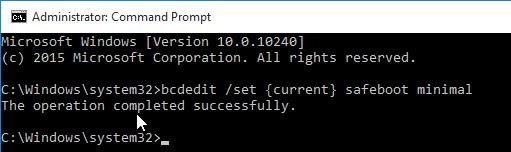 bcdedit /set <current></noscript>safeboot minimal » width=»511″ height=»152″ />Затем перезагрузите компьютер командой:</p><p>Теперь Windows 10 всегда будет загружаться в безопасном режиме. Чтобы вернуть обычный режим загрузки:</p><p>bcdedit /deletevalue <default>safeboot</p><p><img onload=