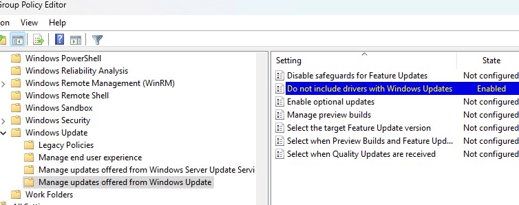 Политика Не включать драйверы в обновления Windows