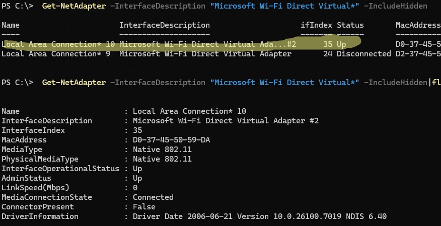 Скрытый сетевой интерфейс точки доступа wifi в windows
