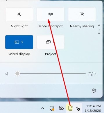 Включить mobile-hotspot из панели уведомлений в трее 