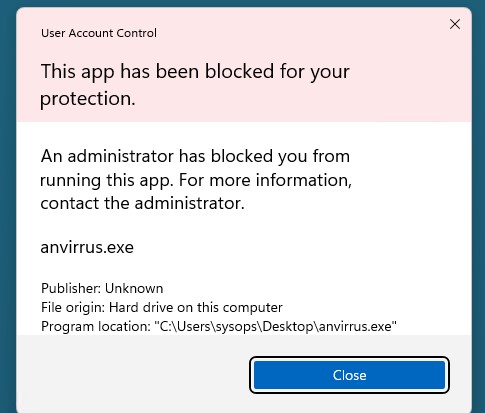 This app has been blocked for your protection An administrator has blocked you from running this app