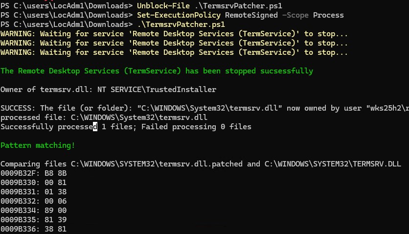 powershell скрипт TermsrvPatcher.ps1 для автоматического патчинга termsrv.dll 