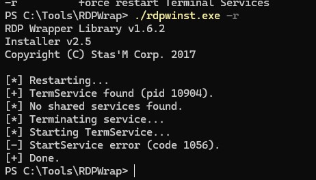 rdpwinst.exe перезапуск службы rdpwrap 