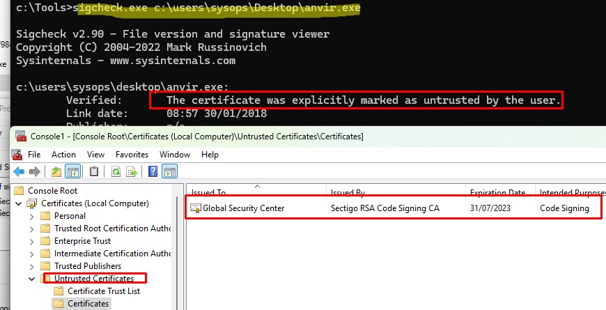 sigcheck проверка цифровой подписи exe файла