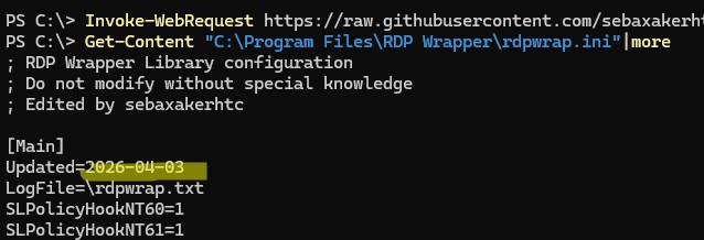 скачать (обновить) новый файл файл rdpwrap.ini вручную