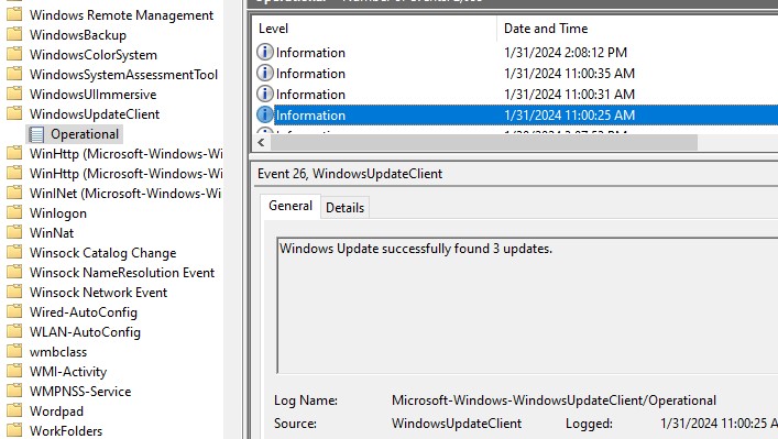 Логи windowsupdateclient в журнале событий Windows 