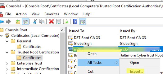 экспорт сертификата из хранилища Windows в файл