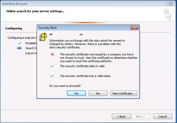 Outlook: ошибка использования недоверенного сертифката при использвании самоподписанного сертифката Exchange