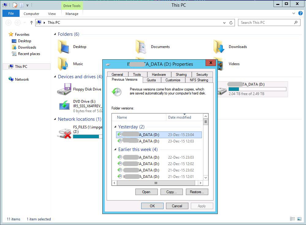 Просмотр теневых копий папки в Windows 2012