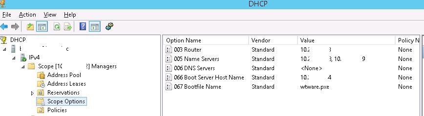 Опции DHCP зоны для загрузки бездисковых терминалов