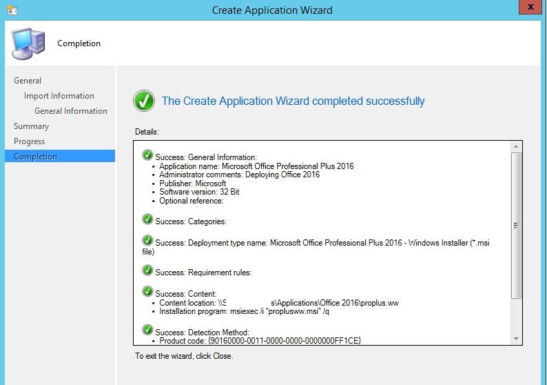 Окончание работы мастера создания приложения SCCM