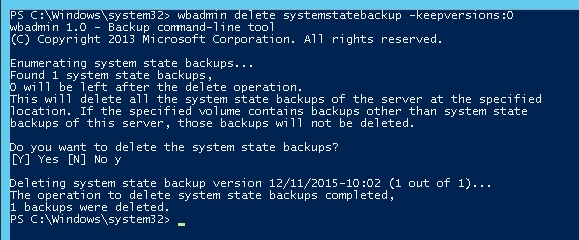 wbadmin delete systemstatebackup - удаление старых версий резевных копий системы
