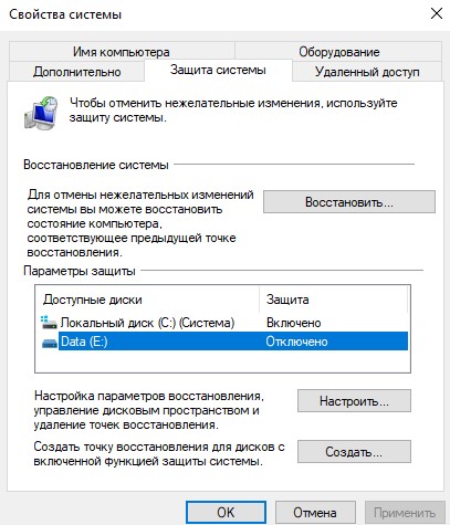 windows 10 включено восстановление системы для системного диска