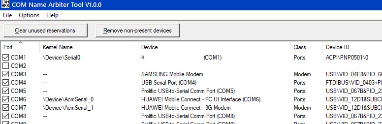 утилита COM Name Arbiter для очистки занятых COM портов в Windows