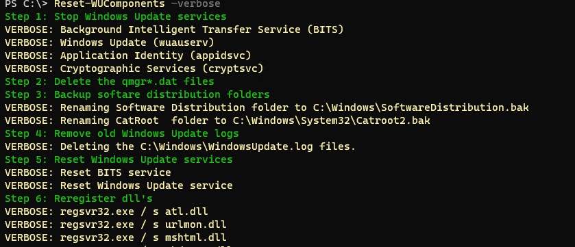 сброс настройки службы обновлений windows Reset-WUComponents powershell команда