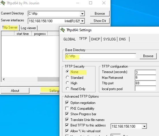 запуск сервера tftpd64 в windows