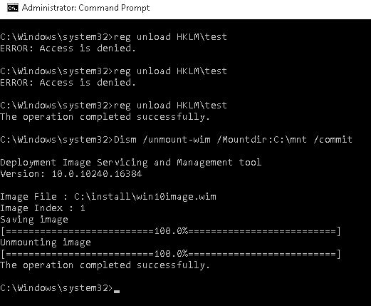 Выгрузка реестра, сохранение изменений в WIM файле