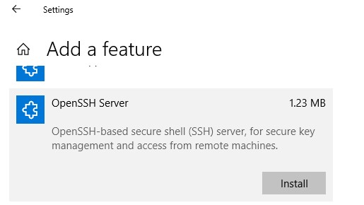 установка Open SSH Server в windows 10 из панели управления