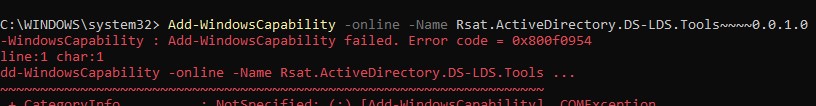 Add-WindowsCapability ошибка 0x800f0954 при добвалении оснастки Active Directory