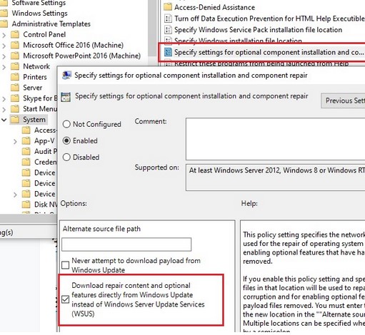Групповая политка - параметры для установки необязательных компонентов и восстановления компонентов