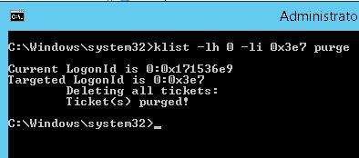 klist -lh 0 -li 0x3e7 purge - сбросить тикет Kerberos компьютера