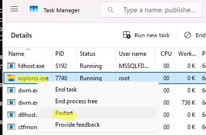 Перезапуск проводника Windows