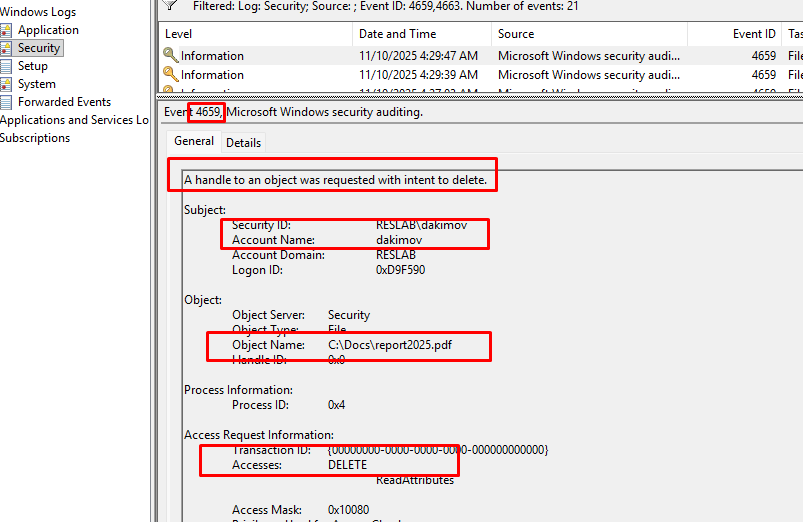 событие удаления файла из папки на сервере в event viewer с кодом 4663 и 4659