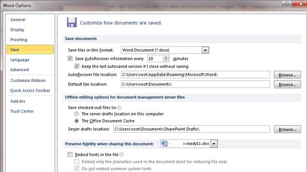 change autorecover file location word 2010