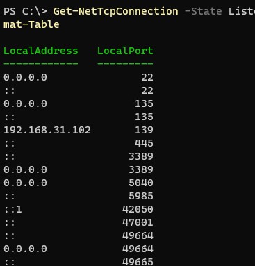 get-nettcpconnection вывести список открытых портов в windows