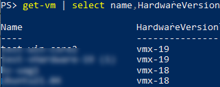 Get-VM | select Name, hardwareversion вывести версии всех вирутальных машин на хосте ESXi