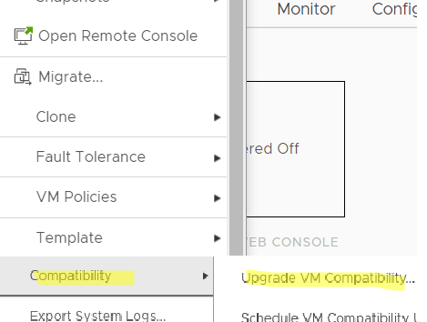 пункт контекстного меню виртуальной машины пункт Compatibility -> Upgrade VM Compatibility.