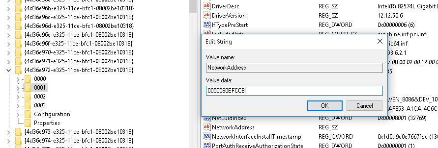 NetworkAddress - смена MAC адреса в реестре