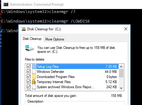 cleanmgr.exe /LOWDISK