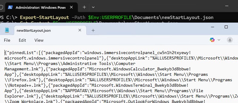 Export-StartLayout выгрузка настроек json файл