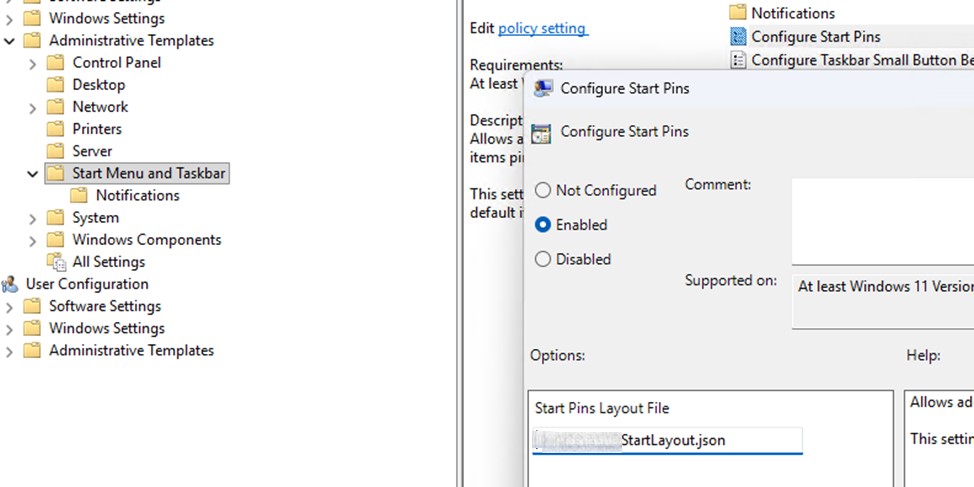 Групповая политика Configure Start Pins - применить json файл с настройками стартового меню
