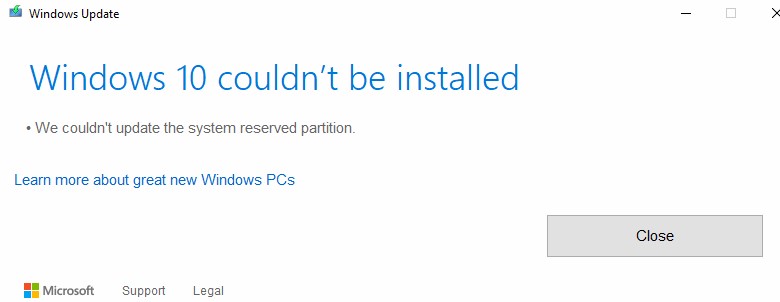 Не удалось обновить зарезервированный раздел системы в Windows 10