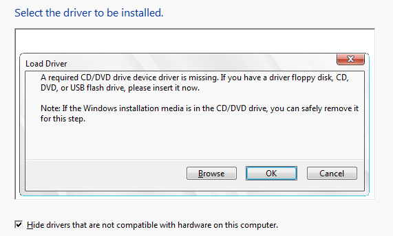 A required CD/DVD drive device driver is missing. If you have a driver floppy disk, CD, DVD, or USB flash drive, please insert it now. 